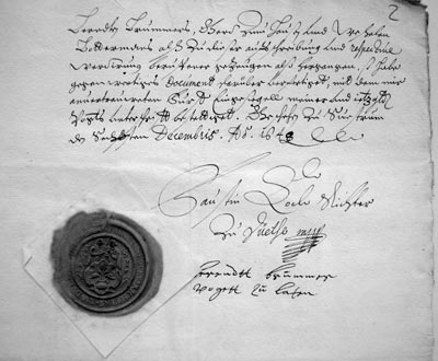 Der Richter Faustin Kock besiegelt und unterschreibt zusammen mit dem Vogt zu Lathen Berendt Br�mmer die Nachlassaufnahme eines eigenbeh�rigen Bauern aus Sustrum, 1648. (StA OS, Dep 62 b Nr. 112, Bl. 23)